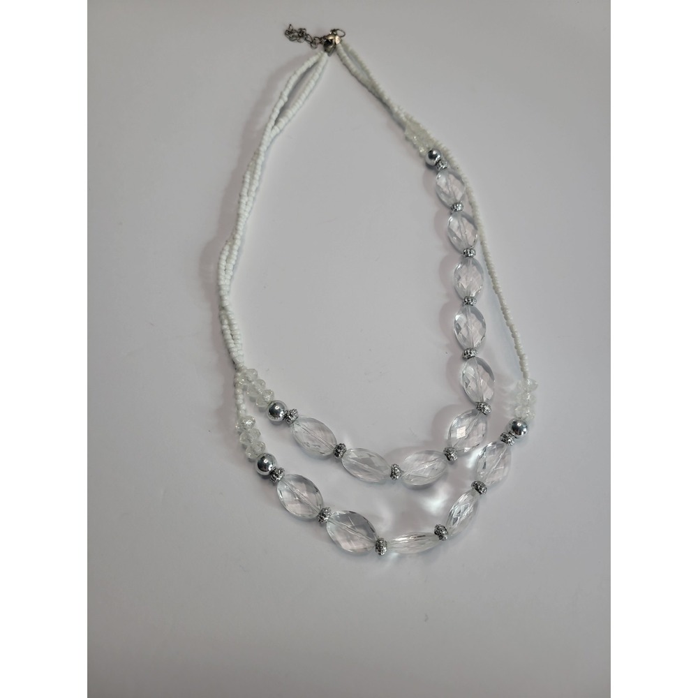 White Clear Double Strand Beaded Necklace Faceted Oval Silver Tone Statement - Picture 6 of 9